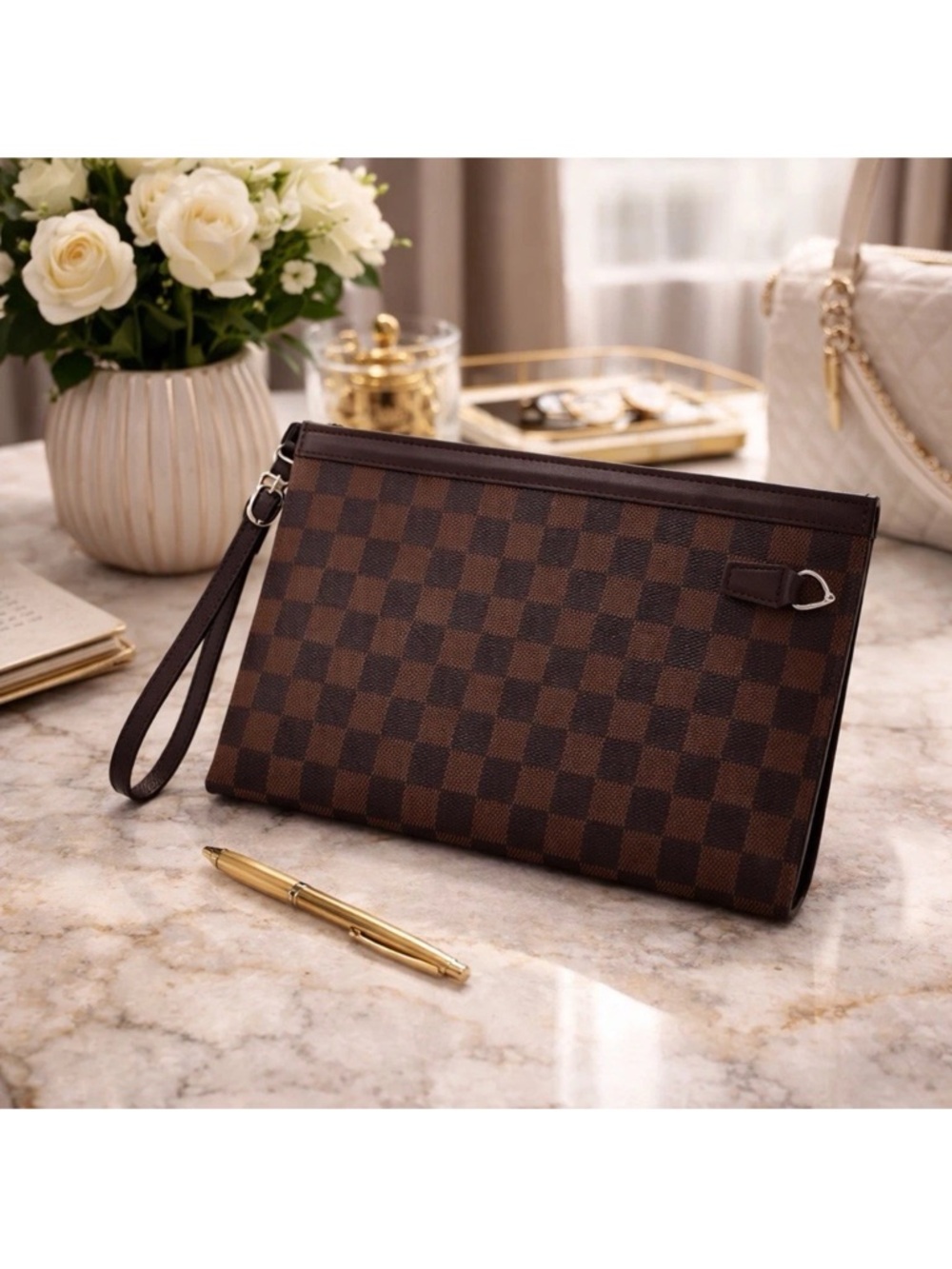 Men's Checkered Toiletry Pouch - Brown